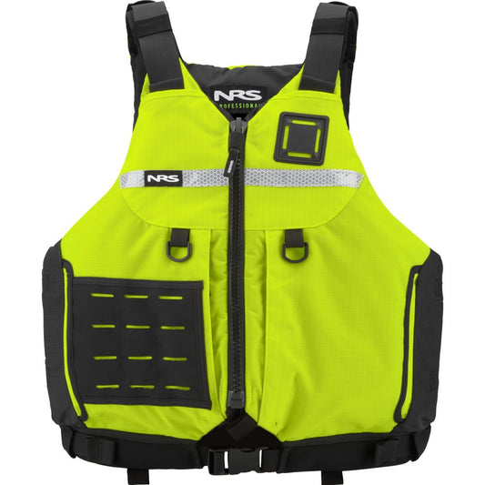 The NRS Big Water Guide Hi-Float PFD is a bright yellow and black life jacket featuring adjustable straps, a front zipper, and pockets. Enhanced with reflective tape for extra safety, it's perfect for water adventures.