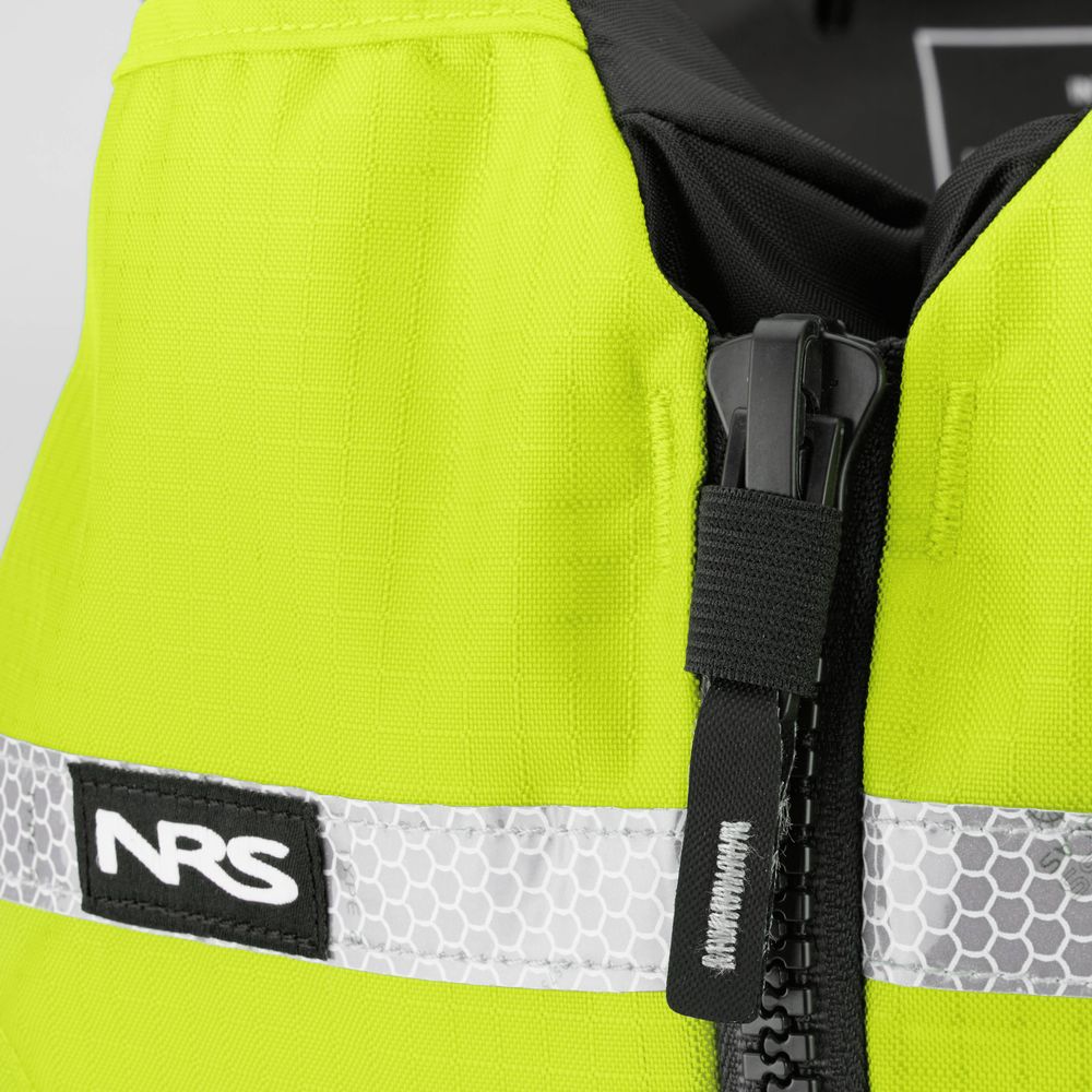 The NRS Big Water Guide Hi-Float is a neon yellow life jacket with a black zipper and high flotation PFD design. It features a reflective silver strip, customizable accessory options, and prominently displays the NRS logo.