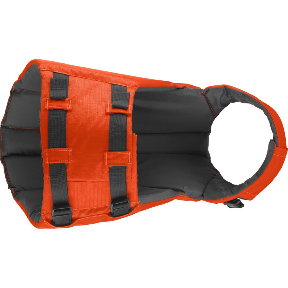 The NRS CFD Dog Life Jacket features durable orange ripstop nylon with black straps and buckles for safety and flotation. It includes reflective accents for enhanced visibility, offering peace of mind.