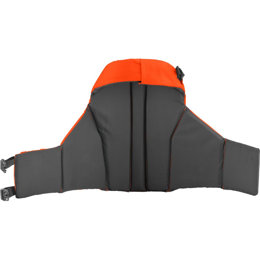 The NRS CFD Dog Life Jacket, in orange and black, is crafted from durable ripstop nylon. It lays flat to show its rear view featuring multiple foam panels and adjustable side straps.