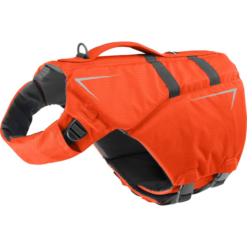 The NRS CFD Dog Life Jacket in bright orange with black straps and reflective accents is made from durable Ripstop Nylon, ensuring safety and buoyancy. It features a convenient top handle.