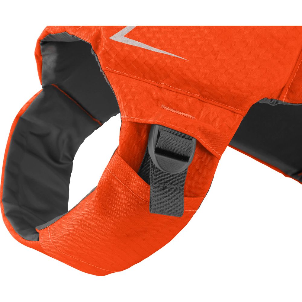 Close-up of the NRS CFD Dog Life Jacket, made from ripstop nylon with a gray buckle and strap. The interior, lined with dark gray fabric, ensures durability and buoyancy.