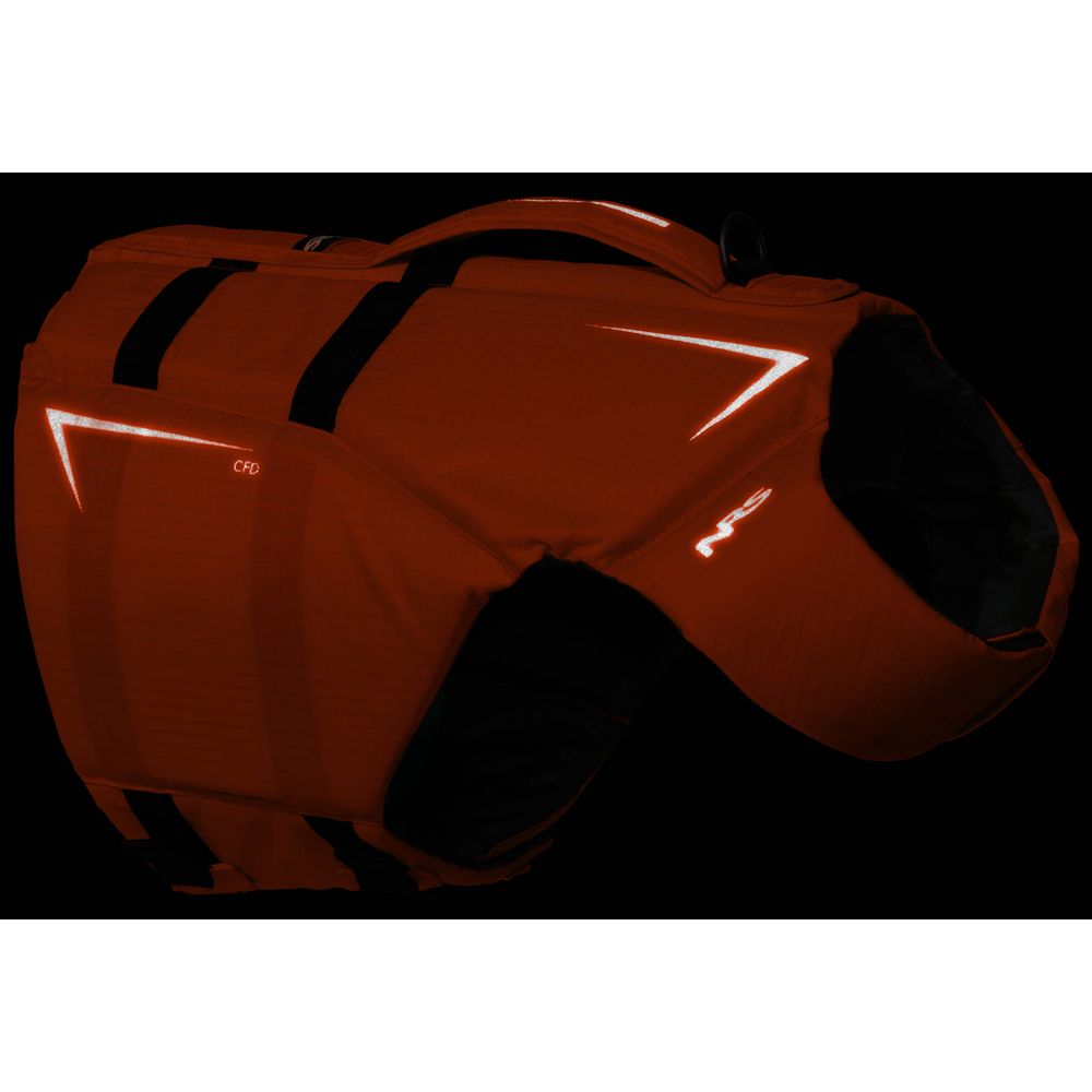 The NRS CFD Dog Life Jacket, made of durable Ripstop Nylon, features black straps and reflective strips to ensure dog safety. Photographed on a black background, it showcases buoyancy and reliability.