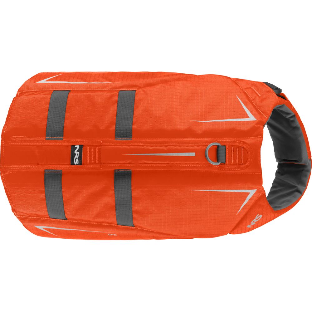 The NRS CFD Dog Life Jacket is an orange life jacket with gray reflective accents and a metal D-ring on the front, made from Ripstop Nylon—ideal as a Canine Flotation Device.
