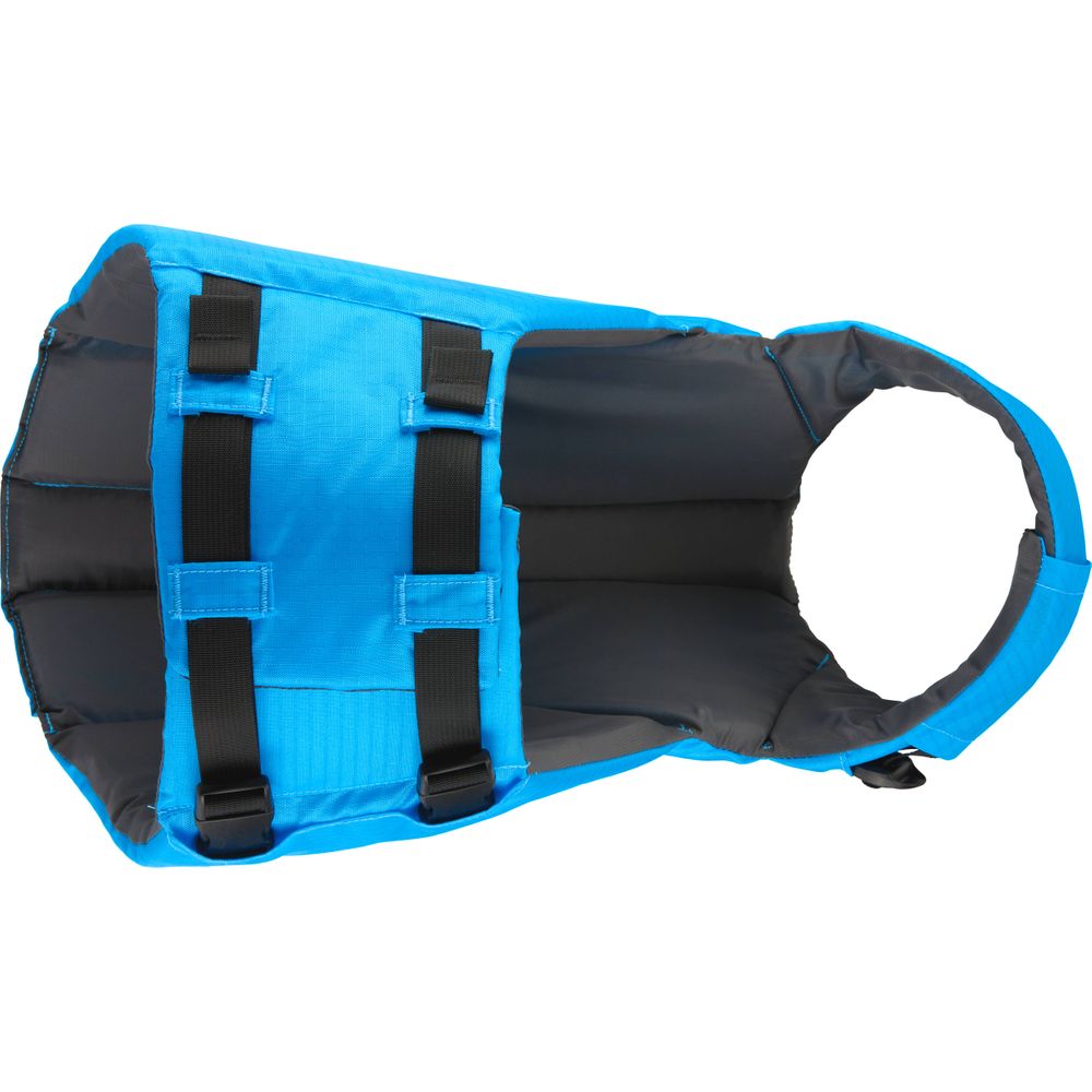 Viewed from above: the CFD Dog Life Jacket by NRS, a blue and gray canine flotation device with black straps, crafted from durable ripstop nylon and featuring reflective accents.