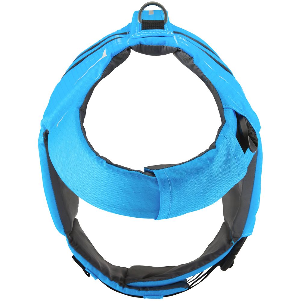 NRS's CFD Dog Life Jacket, made from Ripstop Nylon, includes a handle and adjustable straps with reflective accents for enhanced safety, viewed from the top.