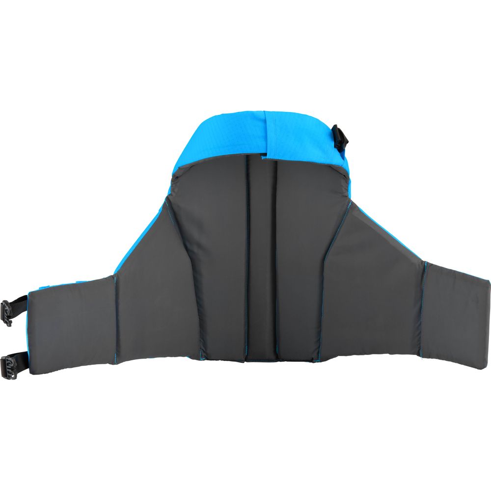 The NRS CFD Dog Life Jacket in blue and black, made of ripstop nylon, features adjustable straps and padding, laid flat.