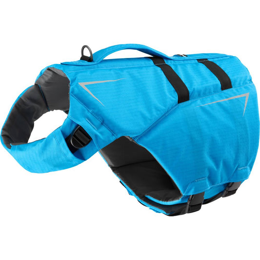 The NRS CFD Dog Life Jacket is bright blue with durable Ripstop Nylon and black trim. It includes a handle, adjustable straps, and reflective accents for safer walks.