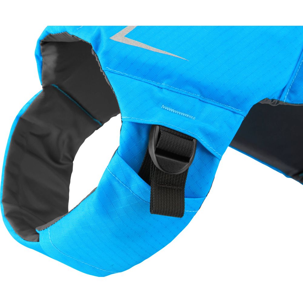 The NRS CFD Dog Life Jacket features a blue fabric strap with a black plastic buckle, accented by a diagonal light gray stripe and reflective elements for better visibility.