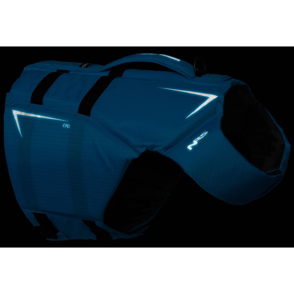 The CFD Dog Life Jacket by NRS is a blue canine flotation device made from durable ripstop nylon, featuring black straps and reflective accents for visibility against a sleek black background.