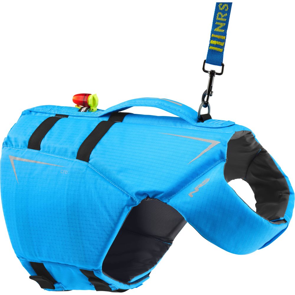 The NRS CFD Dog Life Jacket in blue is made from durable Ripstop Nylon and features black straps, a handle, and an attached leash clip. Reflective accents enhance safety for nighttime adventures.