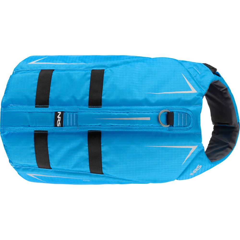The NRS CFD Dog Life Jacket is a bright blue waterproof bag made of ripstop nylon, featuring black straps, reflective accents, an NRS logo, and a metal ring.