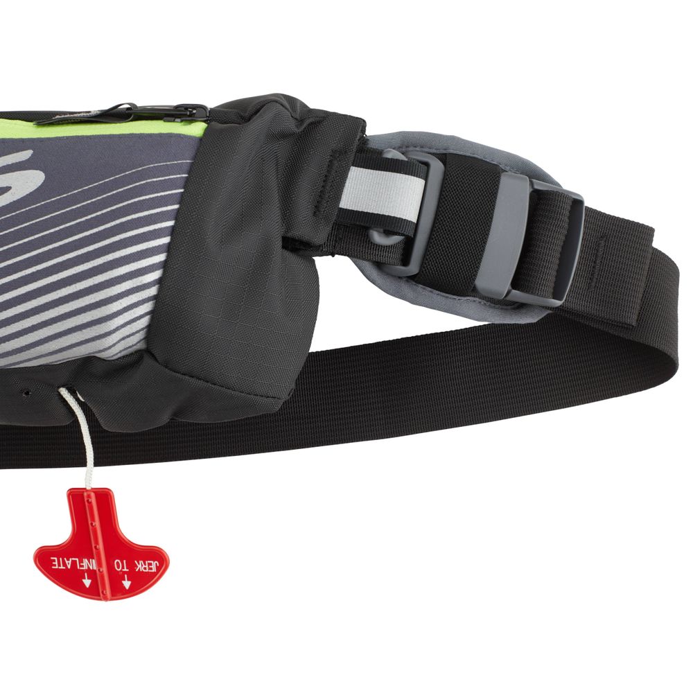 Close-up of the black adjustable strap with a plastic buckle and red "Jerk to Inflate" pull tab, designed for the NRS Zephyr Inflatable PFD life jacket, attached to a black fabric item.