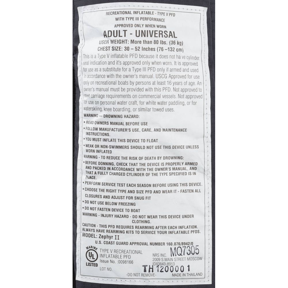 Close-up of NRS Zephyr Inflatable PFD label showing size, weight limits, warnings like avoiding use when unconscious, and care tips. Perfect for standup paddleboarding to boost water safety.