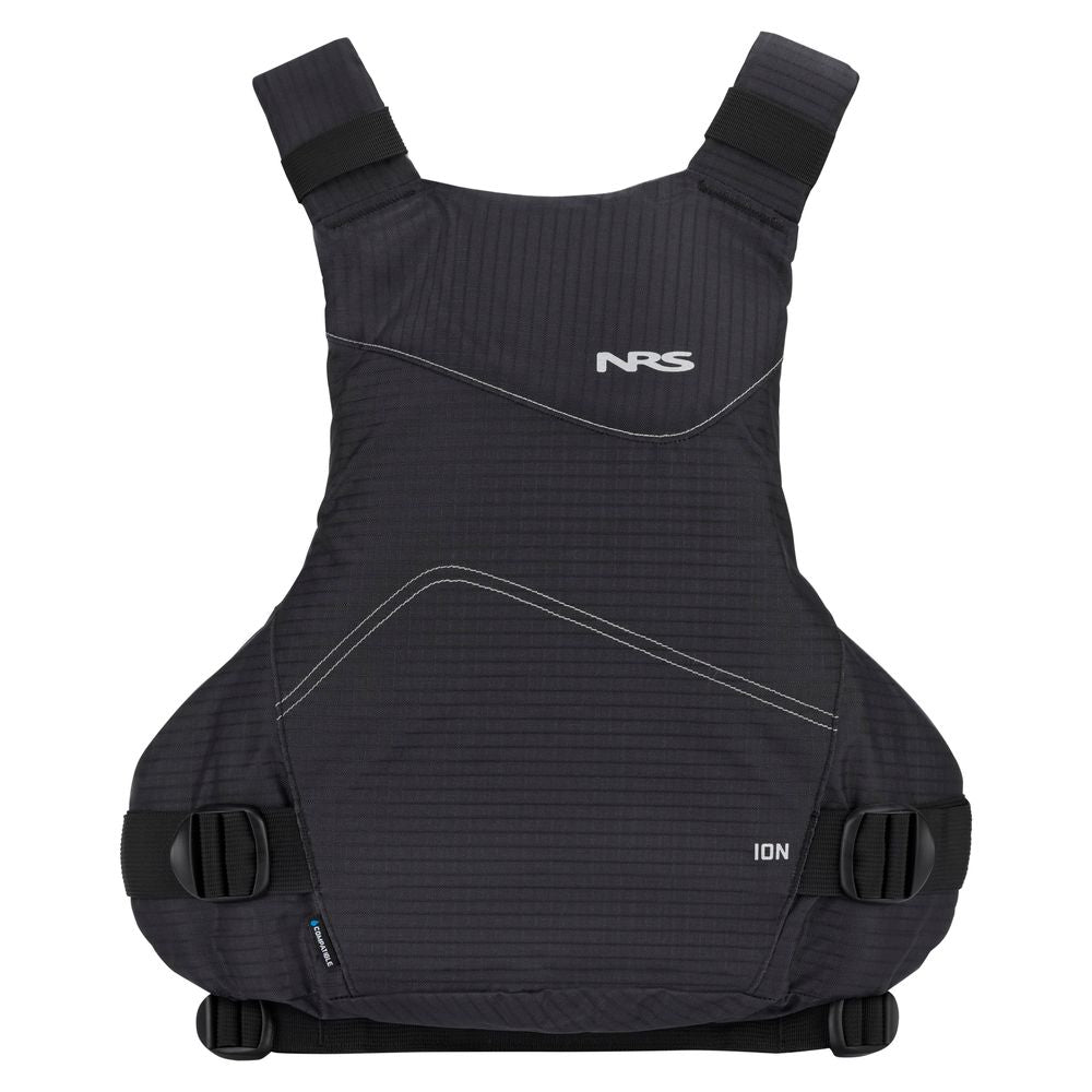 The NRS Ion PFD is a black Type III life jacket with ultra-soft foam, adjustable shoulder straps, and side buckles. Featuring a Cool Flow System for enhanced breathability, it offers comfort and safety on the water.