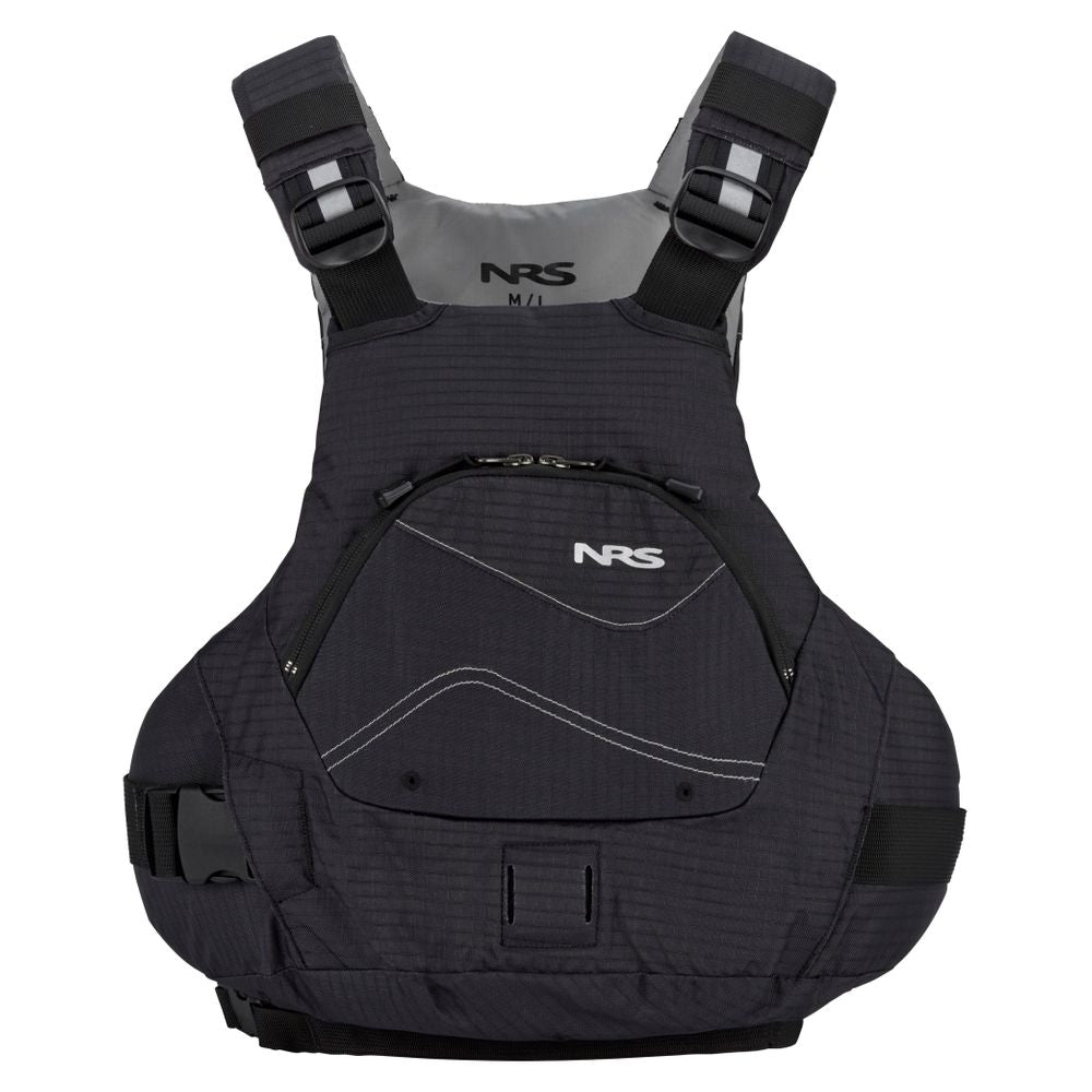 The NRS Ion PFD life jacket in black offers ultra-soft foam comfort, adjustable straps, a front pocket, and the iconic NRS logo. With its Cool Flow System, it's ideal for water activities.