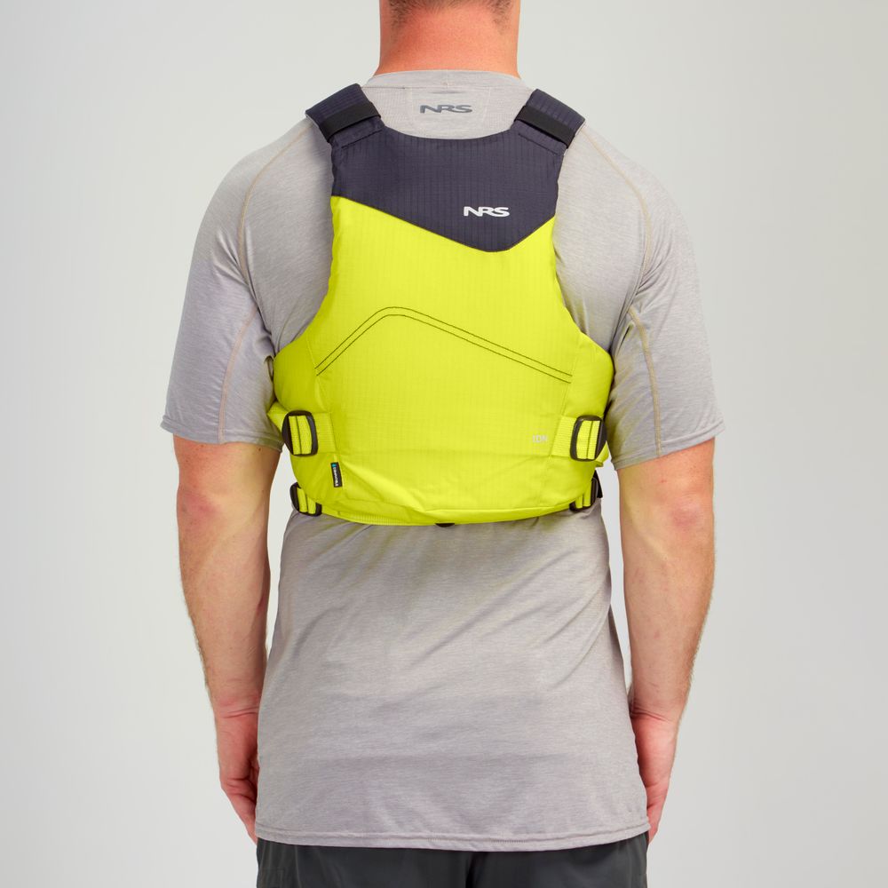 Wearing a vibrant NRS Ion PFD over a gray shirt, the person displays their Type III life jacket, equipped with ultra-soft foam for comfort and a Cool Flow System to keep you refreshed on your adventures.