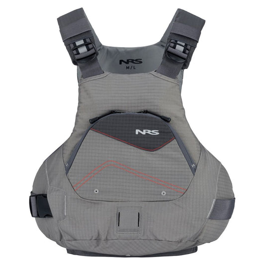 The NRS Ion PFD is a gray Type III life jacket with black and orange accents, ultra-soft foam for comfort, adjustable straps, a front pocket, and the Cool Flow System for improved breathability during aquatic adventures.