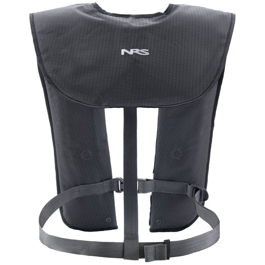Black Matik Inflatable PFD by NRS, featuring shoulder and waist straps with a white "NRS" logo on the back.