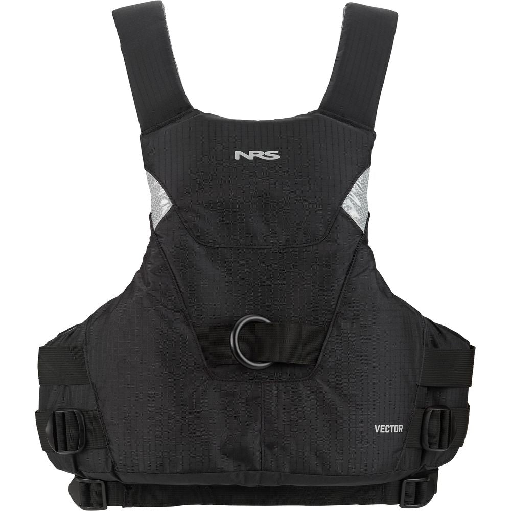 The NRS Vector PFD is a black rescue vest featuring adjustable straps, a front pocket, and a chest D-ring—perfect for whitewater paddlers needing a reliable Rescue PFD.