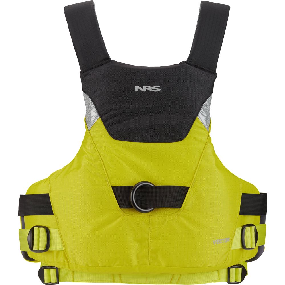 The NRS Vector PFD is a yellow and black Type V rescue vest with adjustable straps, reflective panels, and a front D-ring—designed for water safety and perfect for whitewater paddlers.