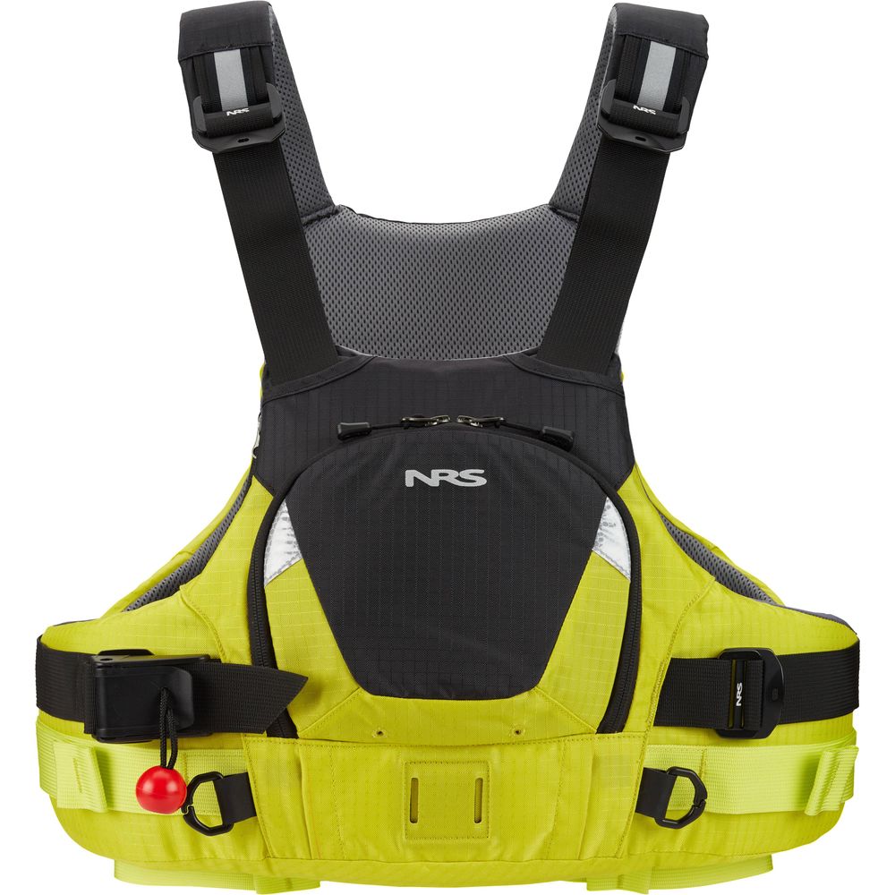 The NRS Vector PFD is a yellow and black Type V rescue vest with adjustable straps, mesh back, front pocket, and a red safety whistle on the left—ideal for whitewater paddlers needing a reliable Rescue PFD.