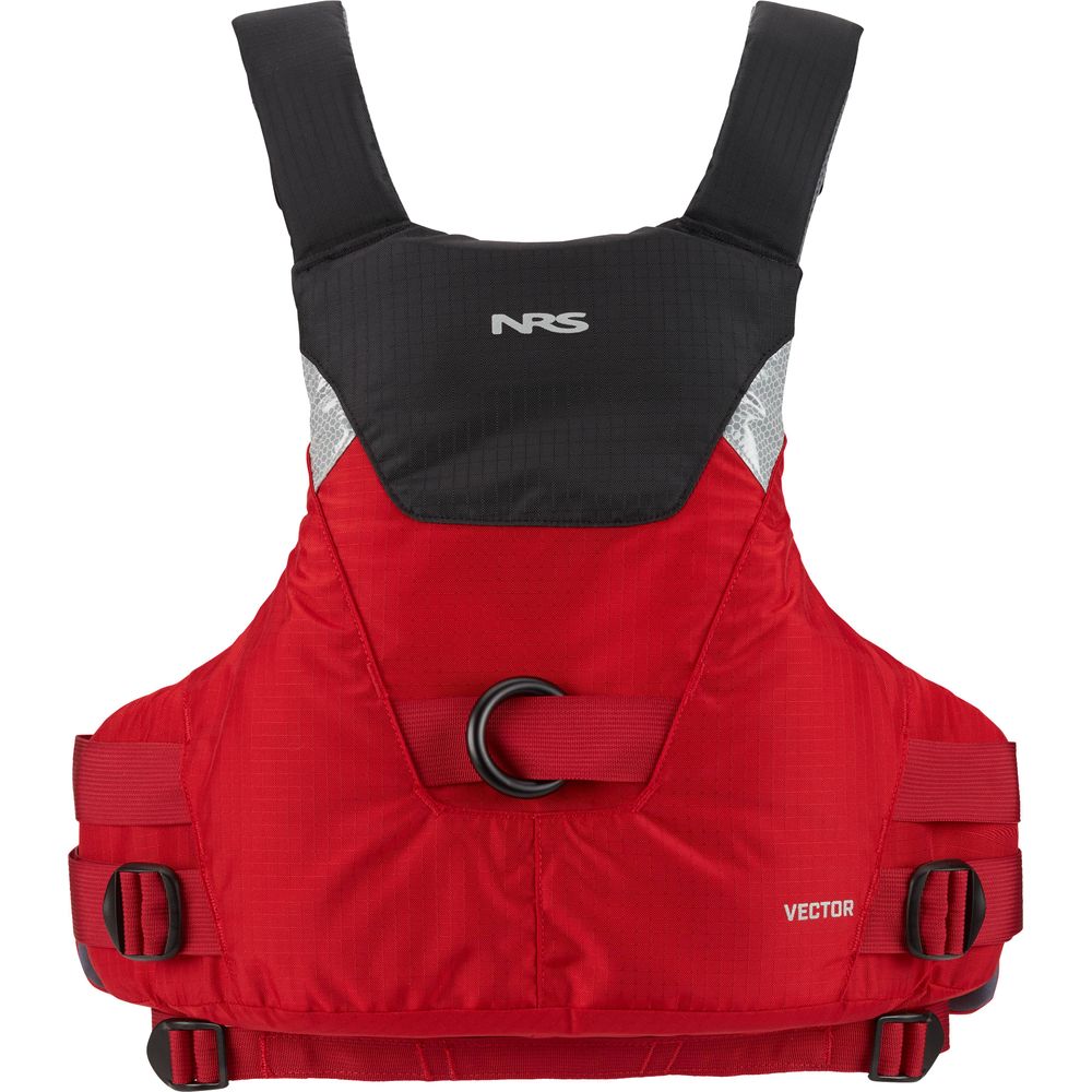 The NRS Vector PFD is a red Type V rescue vest featuring black shoulder panels, adjustable side straps, and a front D-ring—perfect as a Rescue PFD for whitewater paddlers.
