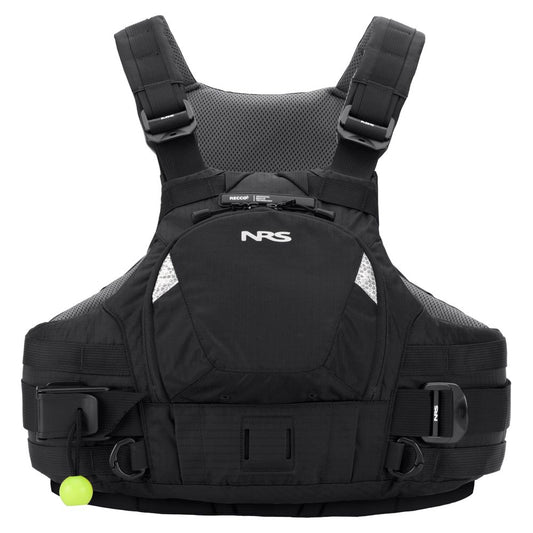 The NRS Vector PFD is a black Type V rescue vest featuring adjustable shoulder straps, a mesh back panel, front zippered pocket, buckle closures, and a green safety whistle attached to the side.