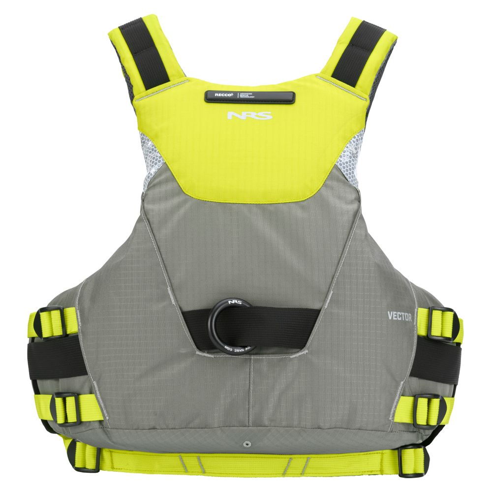 A gray and yellow NRS Vector PFD, a Type V rescue vest with black straps, is shown on a white background.
