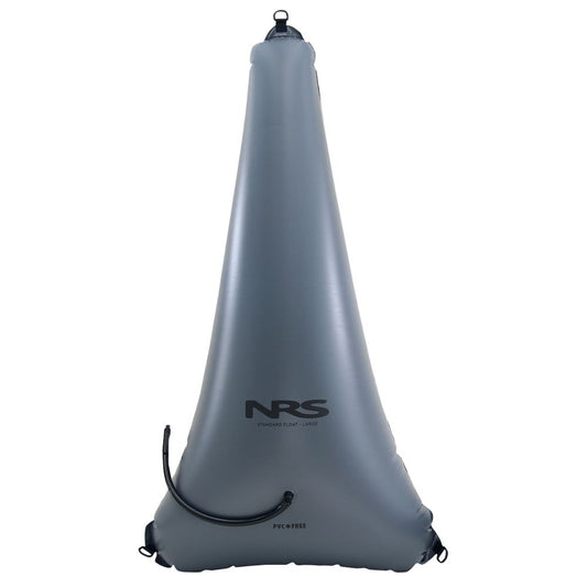 Triangular gray inflatable buoyancy bag, branded with "NRS" in the center, ideal as a Standard Bow Float Bag for essential kayak flotation.