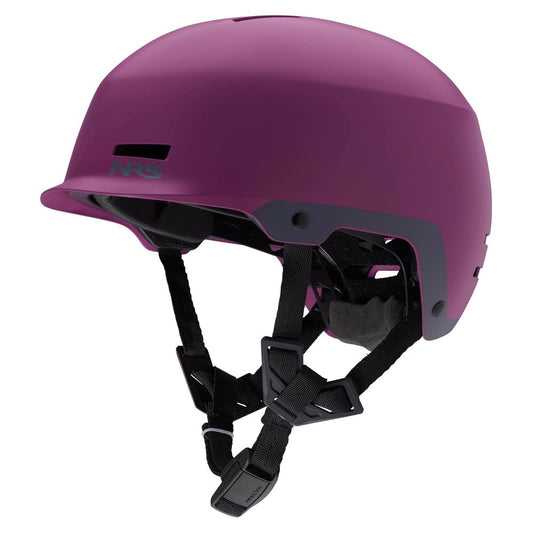 The NRS Neso Helmet is a matte purple paddling helmet with black adjustable straps and ventilation holes, designed for water and outdoor sports.