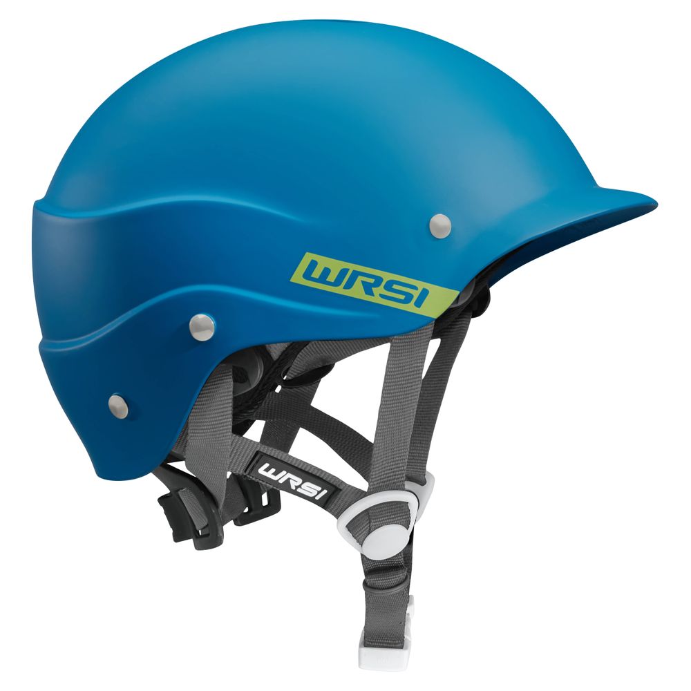 The NRS Current Helmet sports a blue safety design with an adjustable chin strap and iconic logo. Its durable multi-impact shell and Interconnect Retention System ensure a secure fit for all your adventures.
