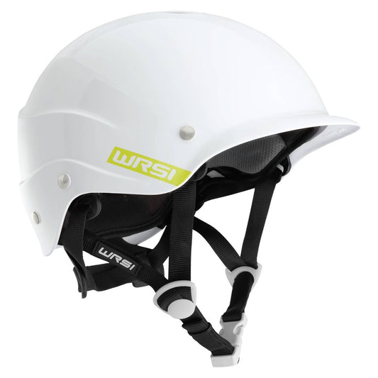A white NRS Current Helmet featuring a multi-impact shell with black adjustable straps and buckles.