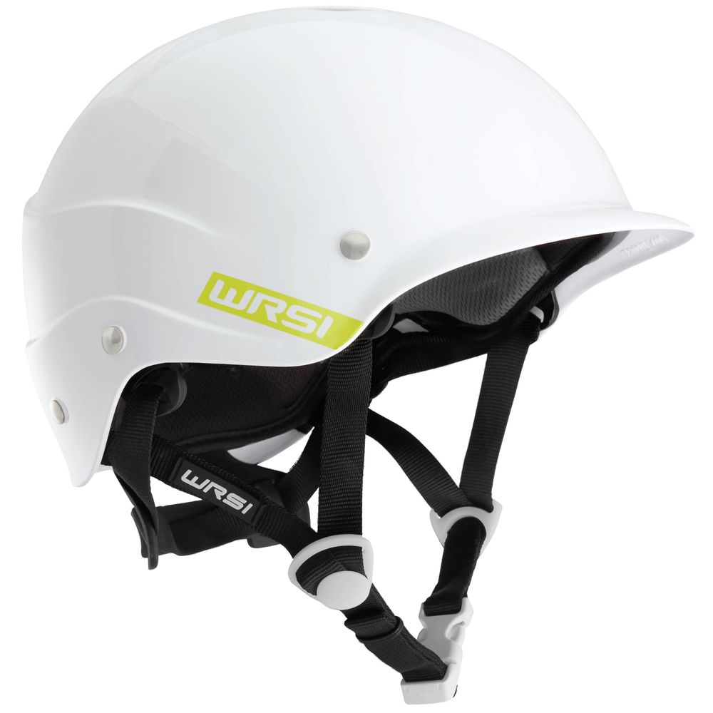 White NRS Current Helmet with a multi-impact shell, black adjustable straps, and the WRSI logo displayed on the side.