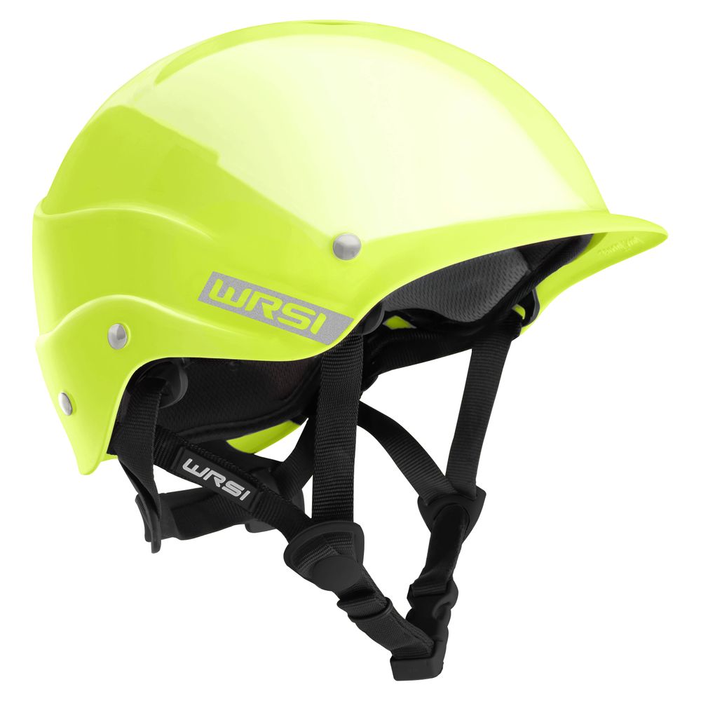 The NRS Current Helmet, in bright yellow with black adjustable straps, features a multi-impact shell and Interconnect Retention System for ultimate water sports protection.