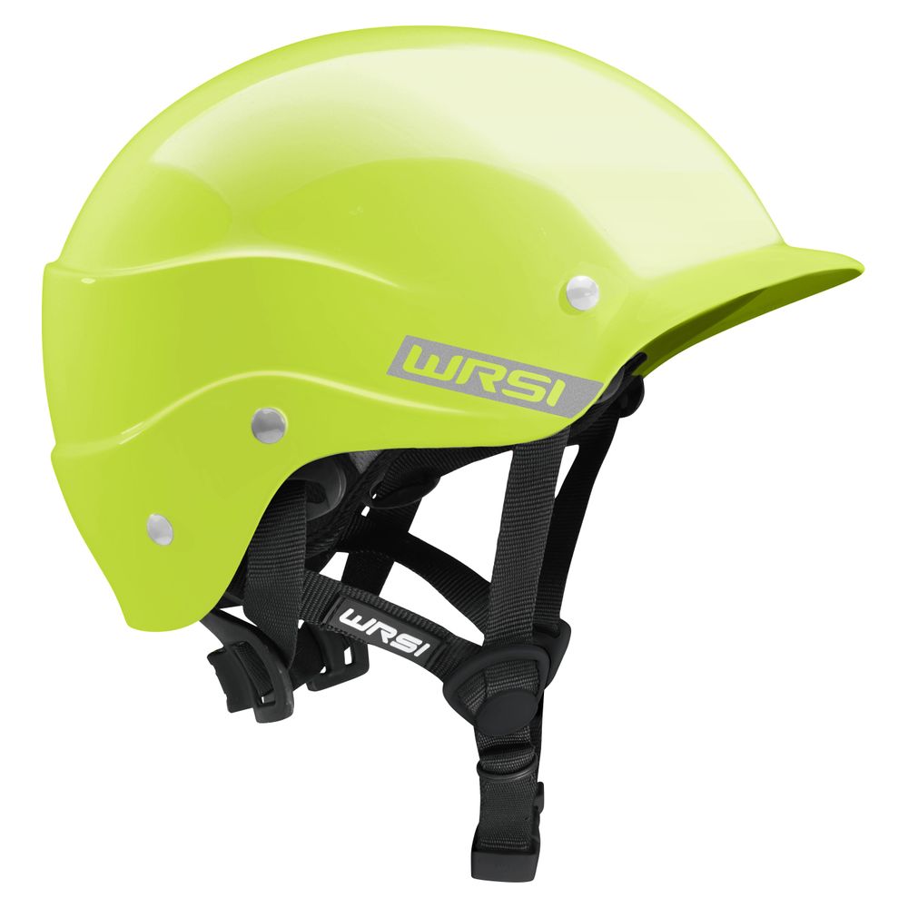 The yellow NRS Current Helmet includes a black adjustable chin strap and padding for water sports or safety protection. Its multi-impact shell and Interconnect Retention System ensure top-notch durability and security.
