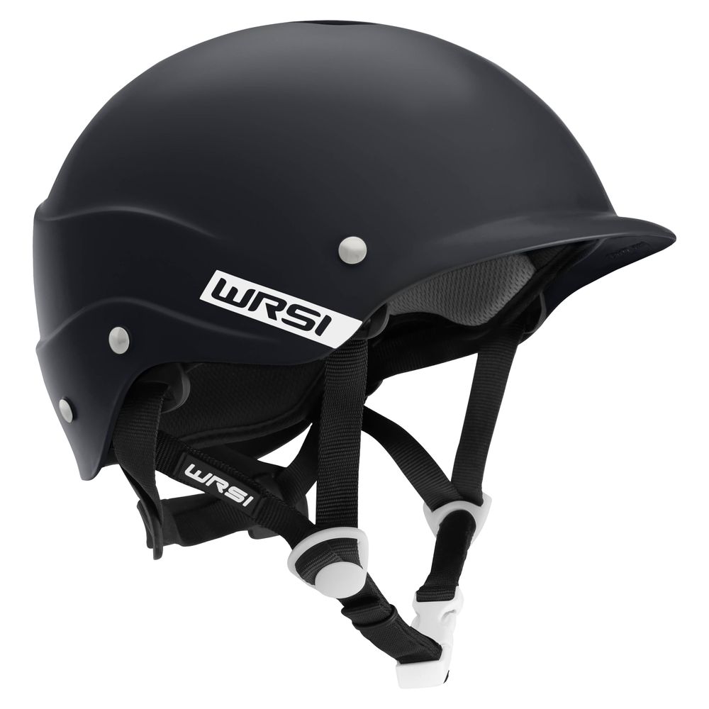 The NRS Current Helmet in black offers safety and protection with its advanced Interconnect Retention System, adjustable straps for a secure fit, durable multi-impact shell, and boasts a branded logo on the side.