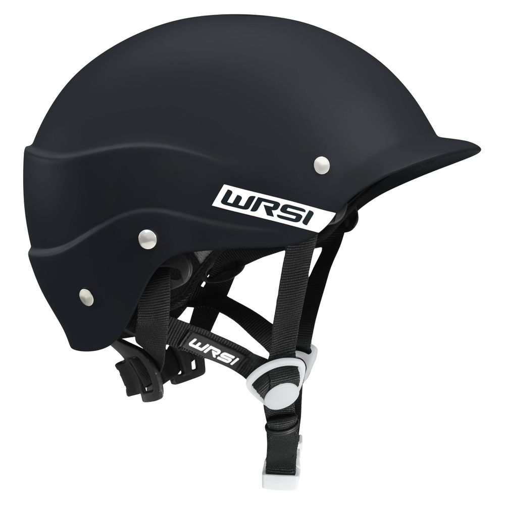 The NRS Current Helmet in black includes a visor, adjustable straps and buckle, with a multi-impact shell for protection. Its Interconnect Retention System ensures a secure fit.
