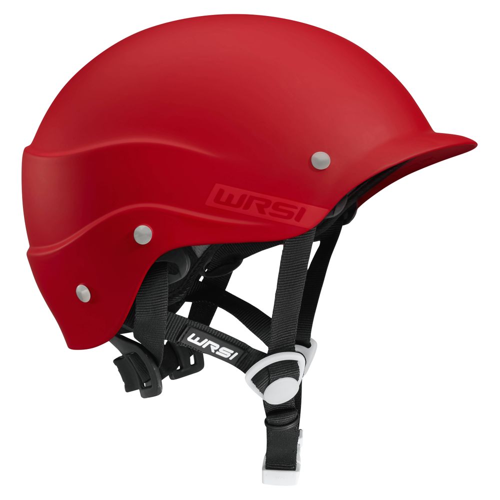 The NRS Current Helmet is a red safety helmet with a multi-impact shell, black adjustable straps featuring a chin buckle, and the WRSI logo. It includes the advanced Interconnect Retention System for superior security and comfort.
