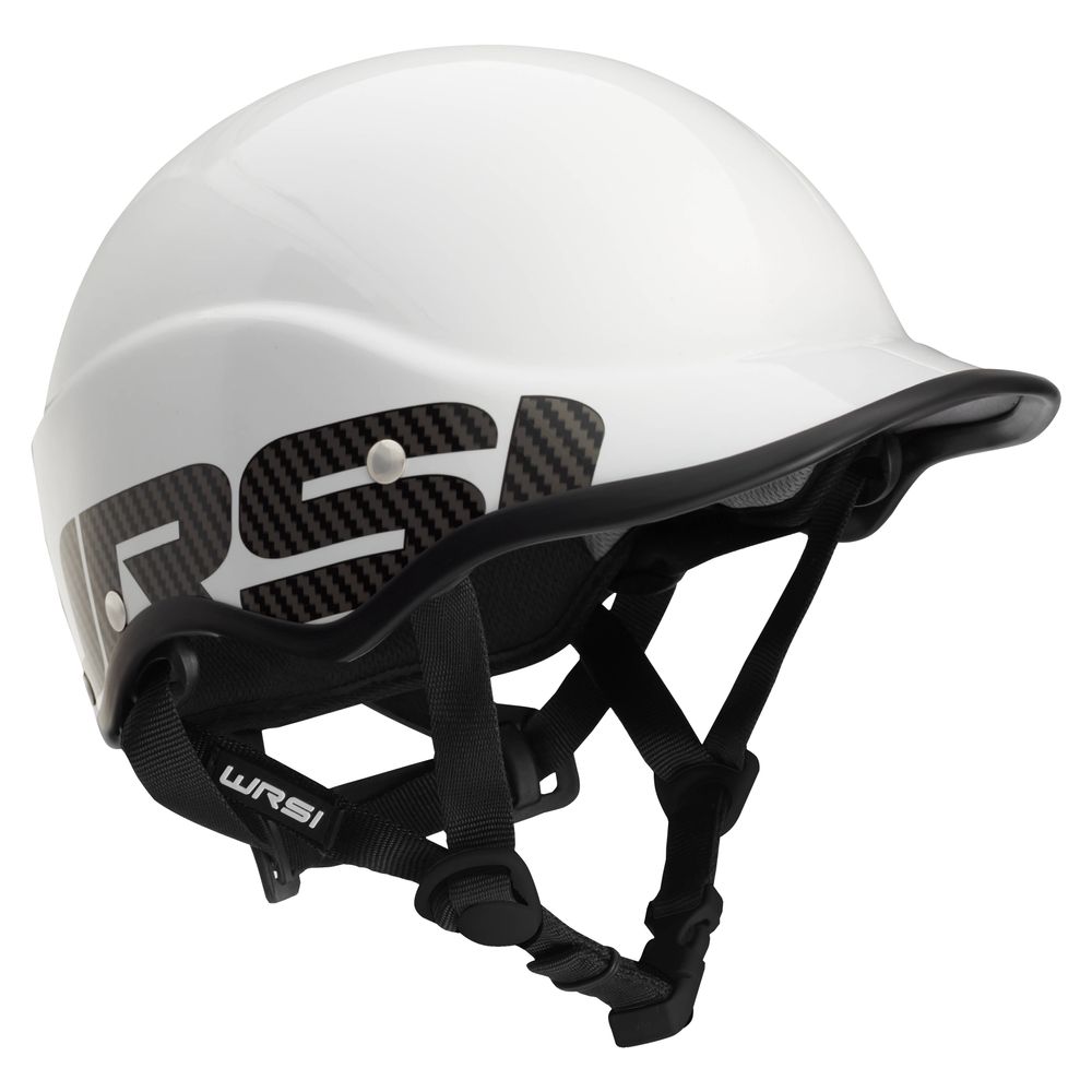 The NRS Trident Helmet, with a white carbon fiber shell, boasts black adjustable straps and padding. It features a sleek side design and a glossy finish, enhanced by EVA foam fit pads for superior impact absorption.