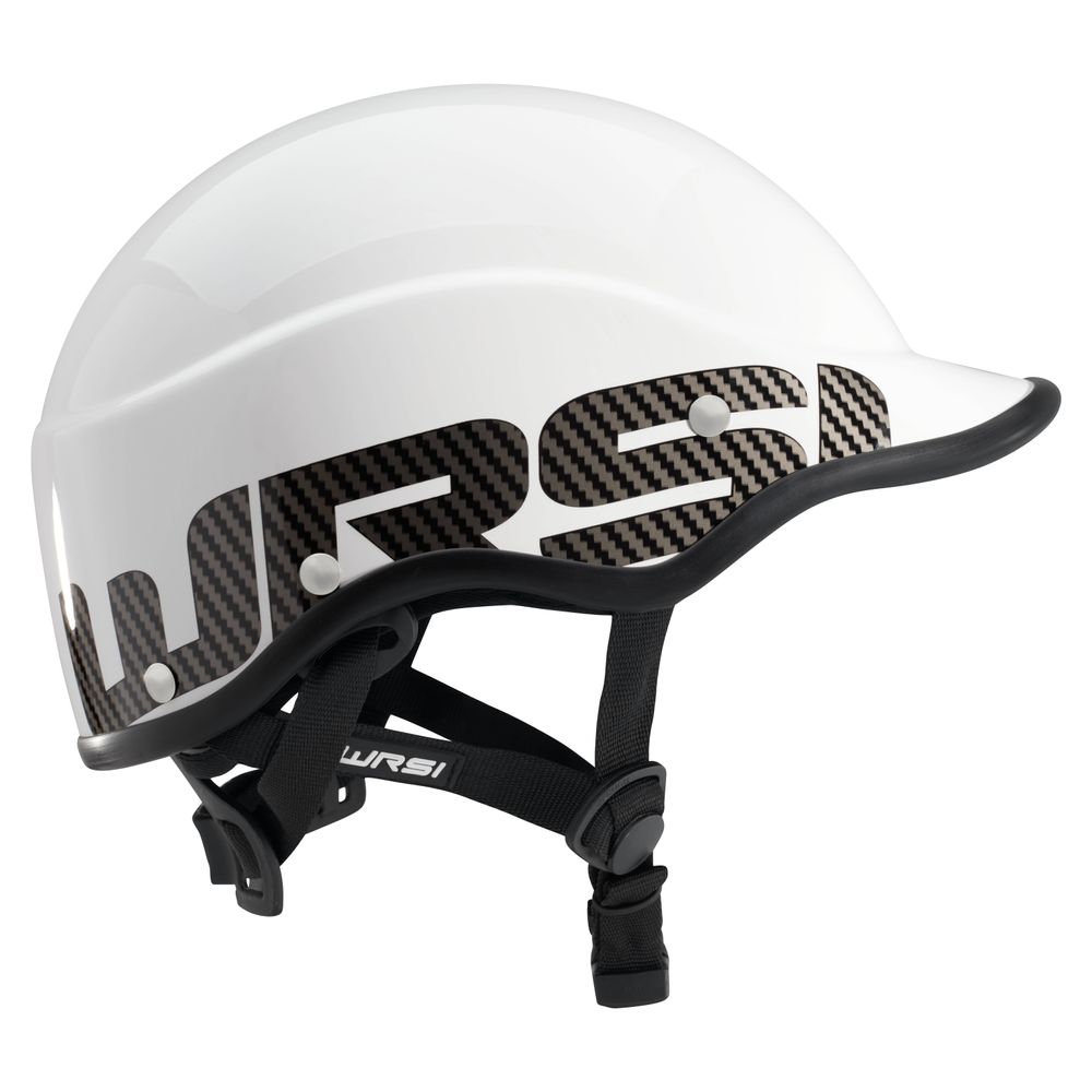 The Trident Helmet by NRS has a white and black design with the "WRSI" logo, an adjustable chin strap, carbon fiber accents for style, and EVA foam fit pads for superior comfort and impact absorption.