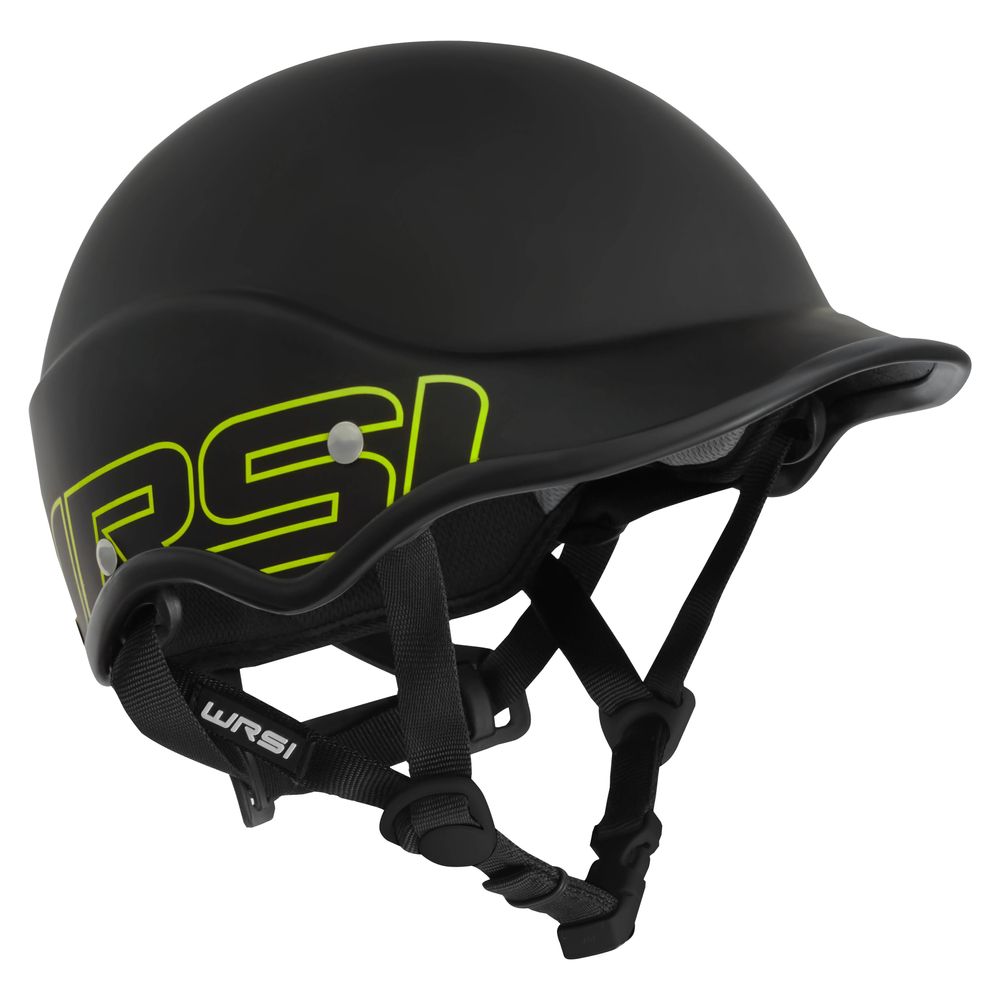 The Trident Helmet by NRS is a matte finish black carbon fiber model with "WRSI" in yellow, adjustable straps, impact absorption features, and EVA foam fit pads for comfort and protection.