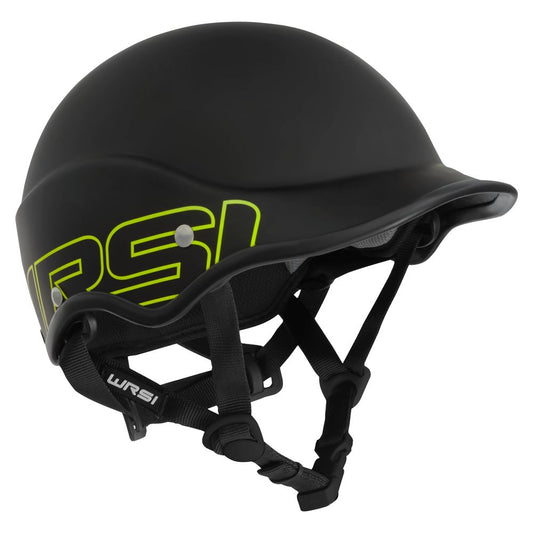The Trident Helmet by NRS is a matte finish black carbon fiber model with "WRSI" in yellow, adjustable straps, impact absorption features, and EVA foam fit pads for comfort and protection.