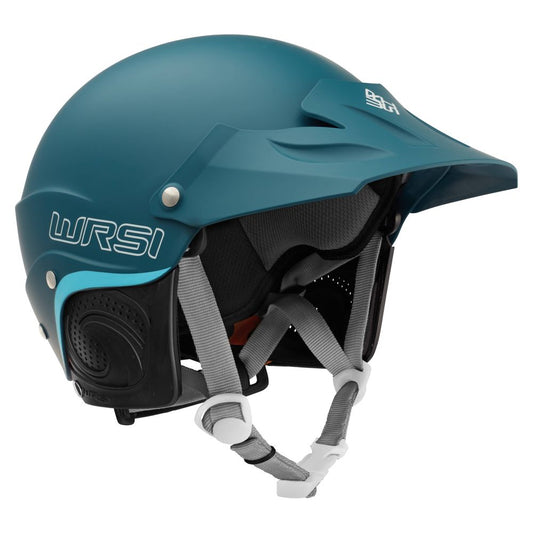 The NRS Current Pro Helmet in teal blue features gray adjustable straps, black ear padding, a small visor for a sleek look, and an Interconnect Retention System for safety. Branding logos are on the sides.