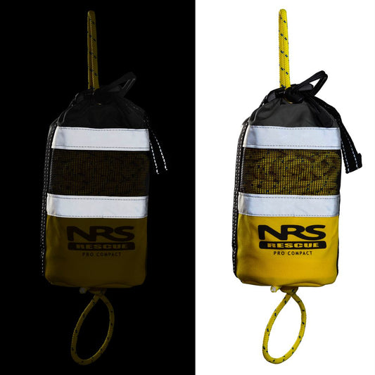Two images of the NRS Pro Compact Rescue Throw Bag 70' highlight its design: one against a black background and another on white. This yellow bag has a reflective strip and comes with swiftwater rescue rope for visibility and reliability in water emergencies.