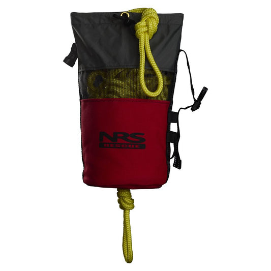 A red and black NRS Standard Rescue Throw Bag 75', made of durable Cordura Nylon, with a visible yellow polypropylene rope inside.