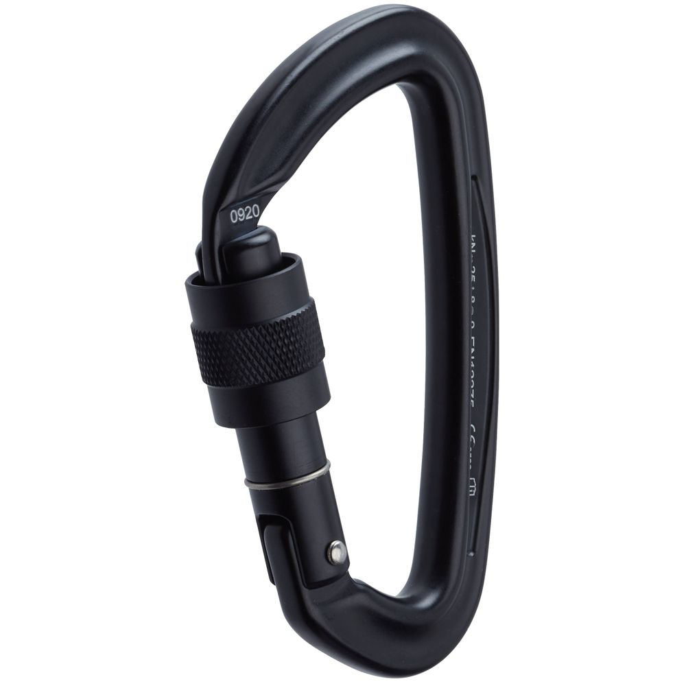 The NRS Sliq Carabiner is a lightweight black carabiner made from hot-forged aluminum with a screw lock mechanism, ideal for climbing or securing gear.