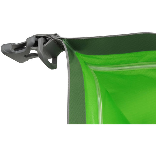Close-up of an open green waterproof bag with a gray buckle at the top, ideal for storing your essential survival gear or NRS Ultra-Light Paddler Medical Kit.