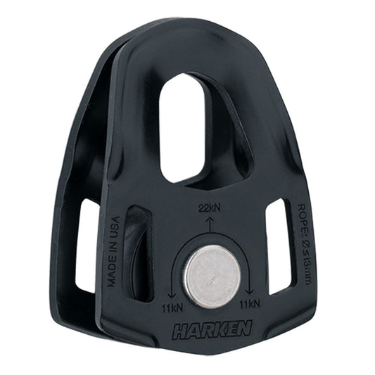 The NRS SMC CRx 1in Rescue Pulley is a black pulley with a metal wheel, load rated to 22kN/11kN, compatible with ropes up to 13mm—perfect for Z-Drag systems and prusik-minding use.