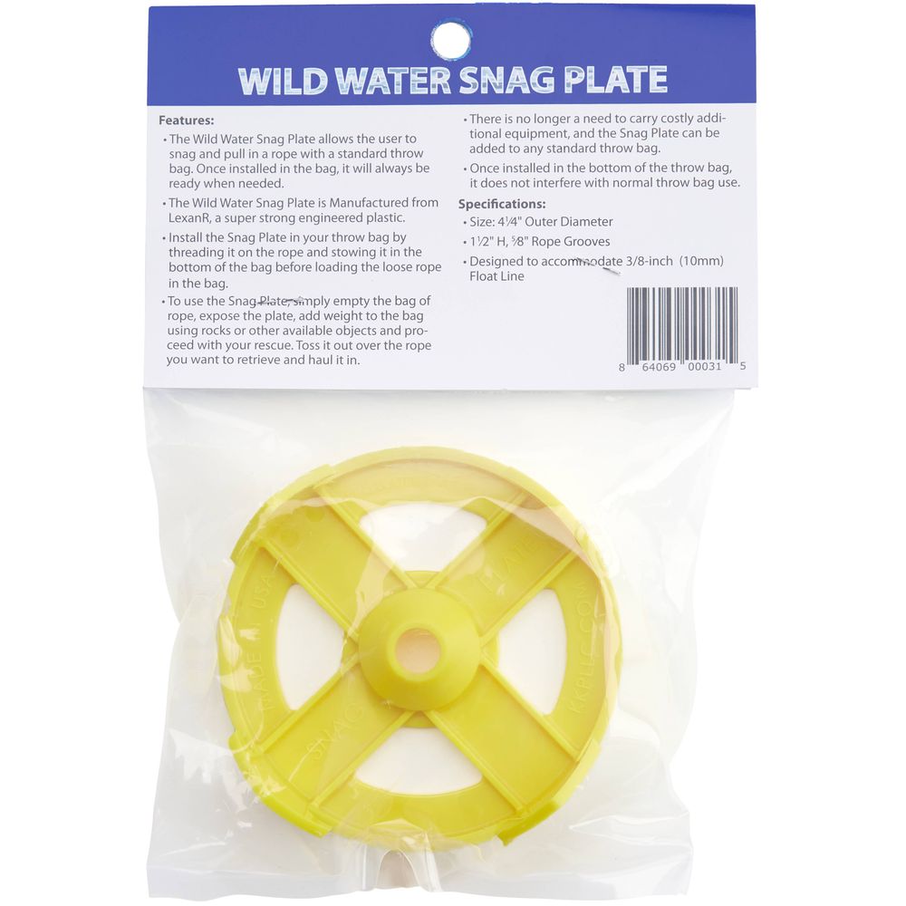 NRS Wild Water Snag Plate in yellow packaging, including instructions and specifications, designed for swiftwater rescue operations.